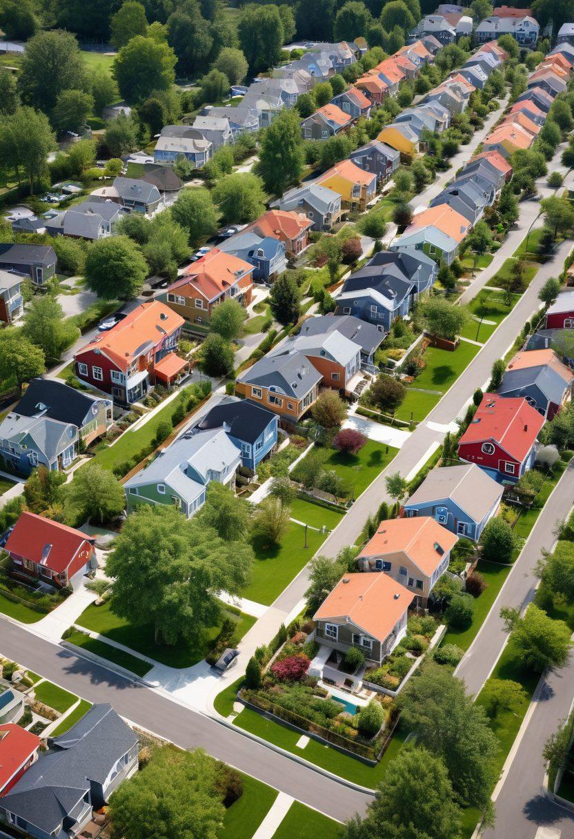 A serene suburban landscape depicting diverse, affordable housing options like tiny homes, duplexes, and eco-friendly apartments, surrounded by lush greenery and cheerful families enjoying their lives. Include elements of community engagement like a farmer's market and children playing in a park. The overall mood should exude joy and contentment, showcasing a harmonious lifestyle. vibrant colors. super-realistic.