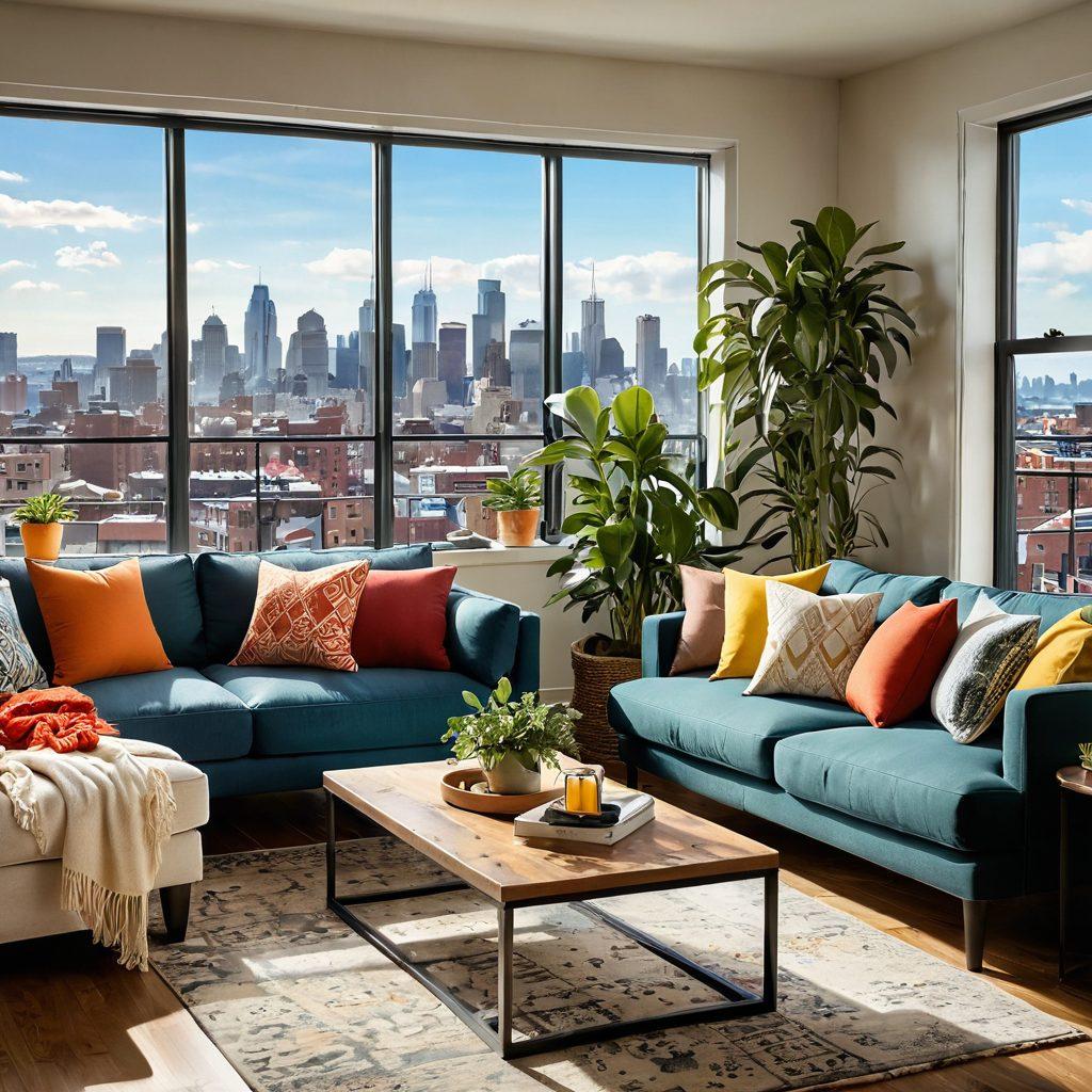 A cozy, sunlit living room with cheerful decor, showcasing an inviting space with colorful throw pillows and plants, symbolizing joyful living. Include an open window with a view of a beautiful city skyline, incorporating affordability through visible rental signs in the background. Highlight diverse individuals enjoying the space, embodying happiness and community. super-realistic. vibrant colors. warm lighting.