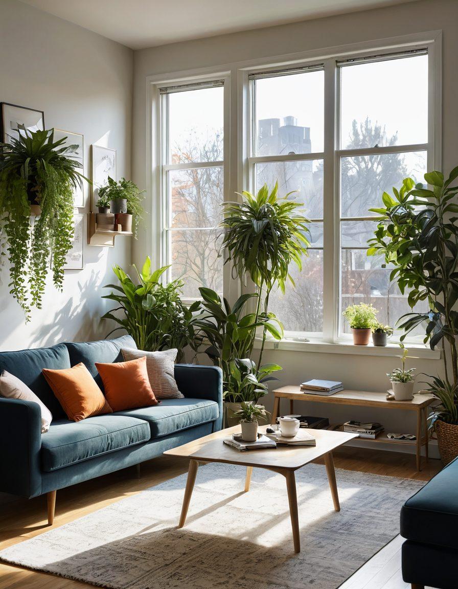 A serene living room with plants and sunlight streaming through large windows, featuring a cozy, budget-friendly rental space. A cheerful individual enjoying a cup of coffee while reading a guidebook on positive living. Incorporate elements of nature, like a small indoor garden, and a stylish, affordable decor. Emphasize warmth and happiness in the atmosphere. vibrant colors. super-realistic.